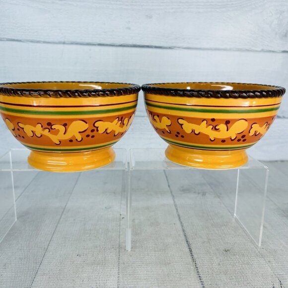 Celebrating Home TUSCAN Orange Yellow Stoneware Footed Soup Cereal Bowls Set 2 - Picture 4 of 16